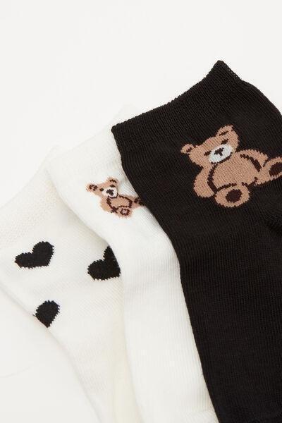 Black / White Short Patterned Cotton Socks, Set Of 3, Kids Girls, 5701_121Z, medium