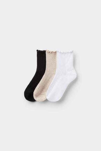 PUNTO BAMBOLA NERO/BIANCO/BEIGE MELANGE Three Pairs of Girls' Short Patterned Cotton Socks, , large image number 0