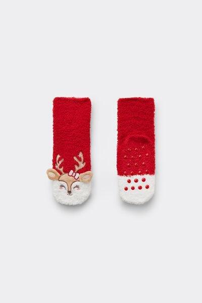 Red Deer Print Non-Slip Socks, Kids Girls, 5701_132Z, medium