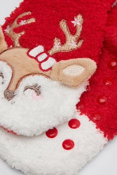 Red Deer Print Non-Slip Socks, Kids Girls, 5701_132Z, medium