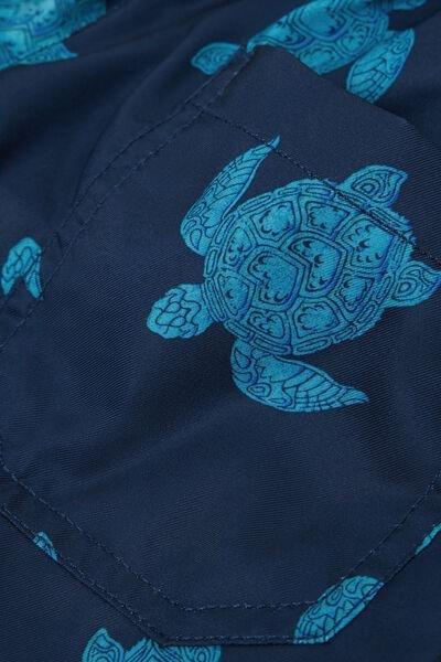 Navy Turtle Print Canvas Swimming Shorts, Kids Boys, 5701_466Z, large image number 1