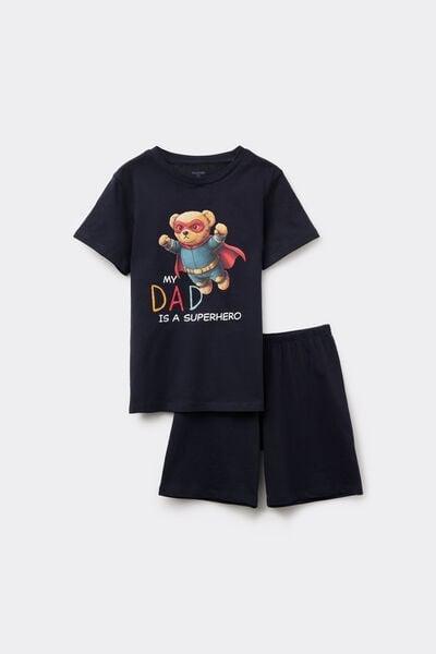 Navy Superhero Print Short Cotton Pyjama Set, Kids Boys, 5701_250Z, medium