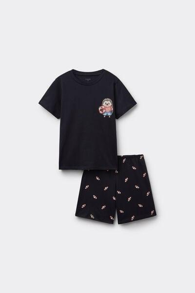 Navy Hedgehog Print Cotton Pyjama Set, Kids Boys, 5701_384Z, large image number 0