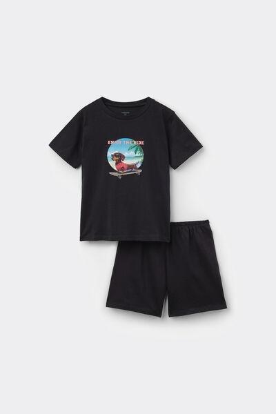 Black Dachshund Print Cotton Pyjama Set, Kids Boys, 5701_387Z, large image number 0
