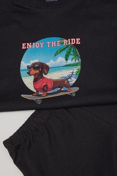 Black Dachshund Print Cotton Pyjama Set, Kids Boys, 5701_387Z, large image number 1