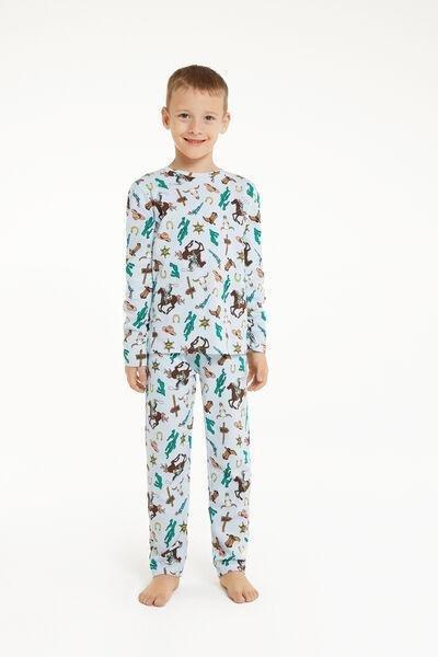 White Cowboy Print Long Cotton Pyjamas, Kids Boys, , large image number 0