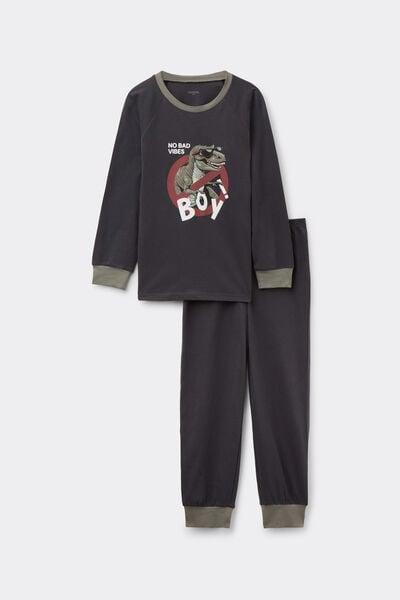 Black Dino Print Cotton Long Pyjama Set, Kids Boys, 5701_240Z, large image number 0