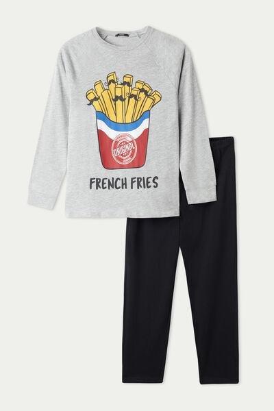 Grey French Fries Print Long Cotton Pyjamas, Kids Boys, , large image number 0