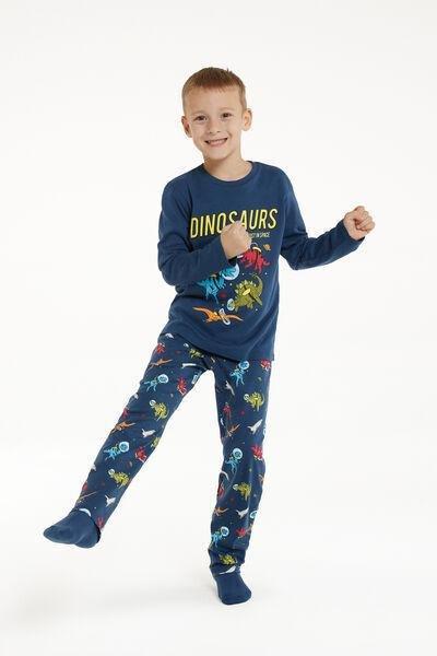 Blue Long Dinosaur Print Pyjamas, Kids Boys, , large image number 0