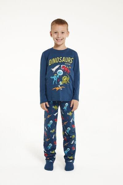 Blue Long Dinosaur Print Pyjamas, Kids Boys, , large image number 1
