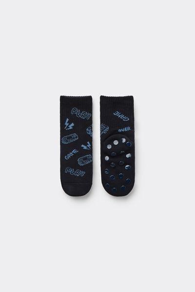 Navy Short Non-Slip Patterned Socks, Kids Boys, 5701_100Z, large image number 0