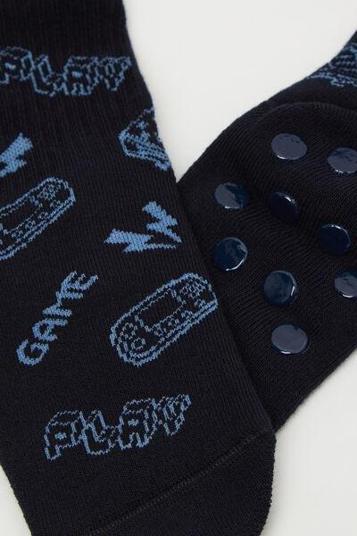 Navy Short Non-Slip Patterned Socks, Kids Boys, 5701_100Z, large image number 1
