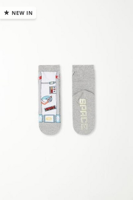 Tezenis - Grey Printed Short Non-Slip Socks, Kids Unisex