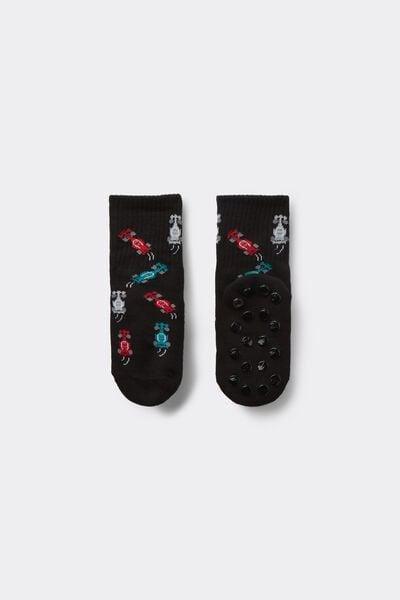 Black Patterned Non-Slip Cotton Socks, Kids Boys, 5701_412Z, large image number 0