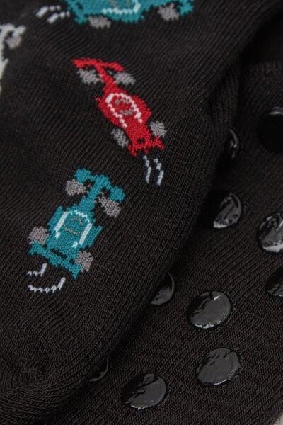 Black Patterned Non-Slip Cotton Socks, Kids Boys, 5701_412Z, large image number 1