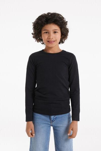 Black Long-Sleeved Rounded Neck Thermal Cotton Top, Black, large image number 0