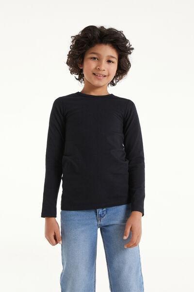 Black Long-Sleeved Rounded Neck Thermal Cotton Top, Black, large image number 1