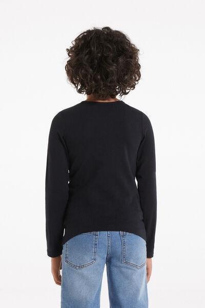 Black Long-Sleeved Rounded Neck Thermal Cotton Top, Black, large image number 2