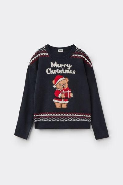 Black Christmas Teddy Detail Cotton Sweater, Kids Unisex, 5701_936Y, medium