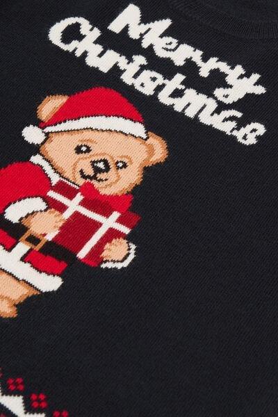 Black Christmas Teddy Detail Cotton Sweater, Kids Unisex, 5701_936Y, medium