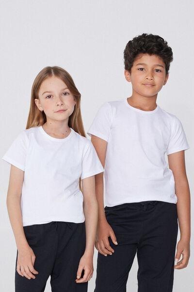 White Round Neck Stretch Cotton T-Shirt, Kids Unisex, White, large image number 0