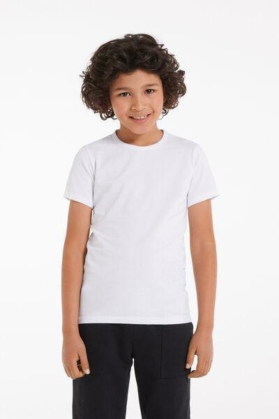 White Round Neck Stretch Cotton T-Shirt, Kids Unisex, White, large image number 1