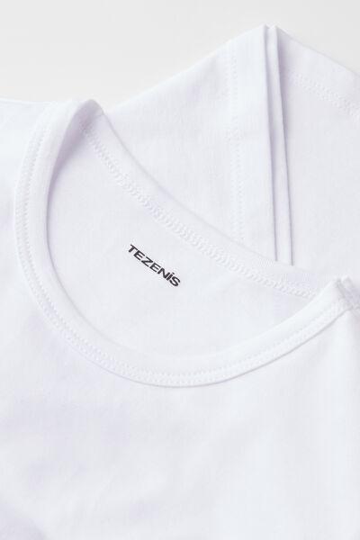 White Round Neck Stretch Cotton T-Shirt, Kids Unisex, White, large image number 4
