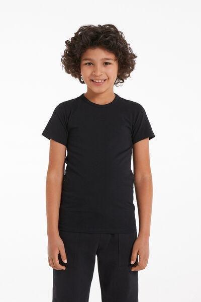 Black Round Neck Stretch Cotton T-Shirt, Kids Unisex, Black, large image number 0