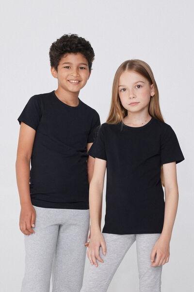 Black Round Neck Stretch Cotton T-Shirt, Kids Unisex, Black, large image number 1