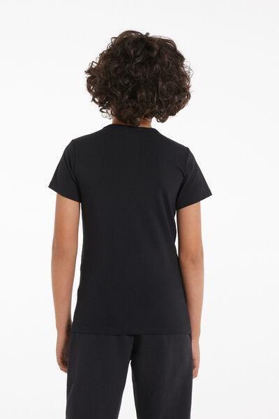 Black Round Neck Stretch Cotton T-Shirt, Kids Unisex, Black, large image number 2