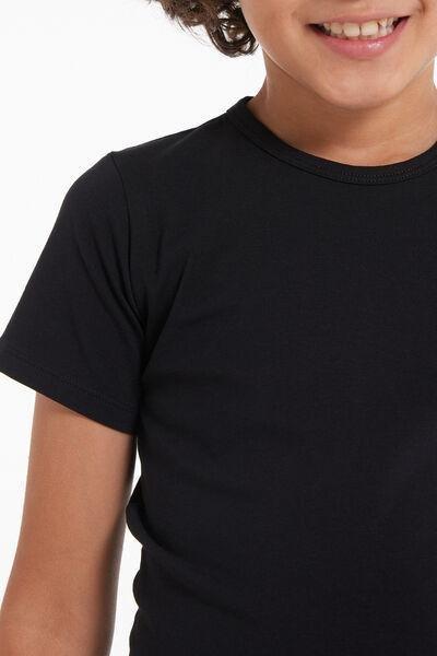 Black Round Neck Stretch Cotton T-Shirt, Kids Unisex, Black, large image number 3