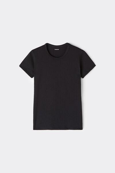 Black Round Neck Stretch Cotton T-Shirt, Kids Unisex, Black, large image number 4