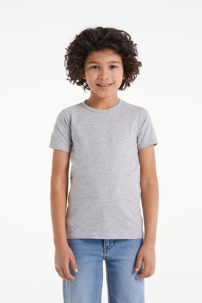 Grey Stretch Cotton T-Shirt, Kids Boys, Light Grey Blend, large image number 0