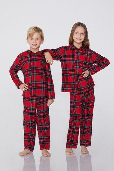 Red Button-Down Tartan Flannel Pyjama Set, Kids Unisex, 5701_917Y, large image number 0