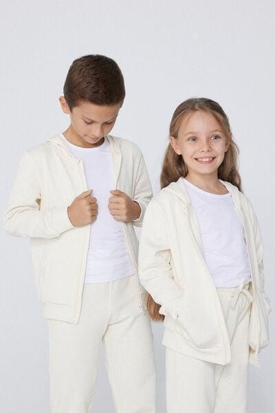 Cream Zip-Up Hoodie, Kids Unisex, Milk White, large image number 0