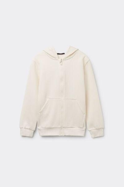 Cream Zip-Up Hoodie, Kids Unisex, Milk White, large image number 1