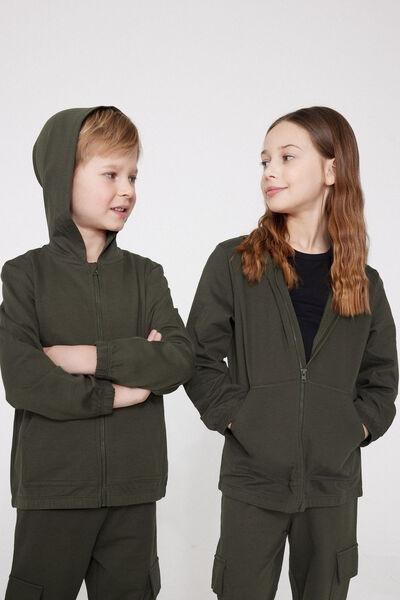 Green Hooded Cotton Sweatshirt, Kids Unisex, 5701_226Z, large image number 1