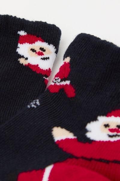 Navy Short Santa Print Cotton Socks, Kids Unisex, 5701_077Z, large image number 1