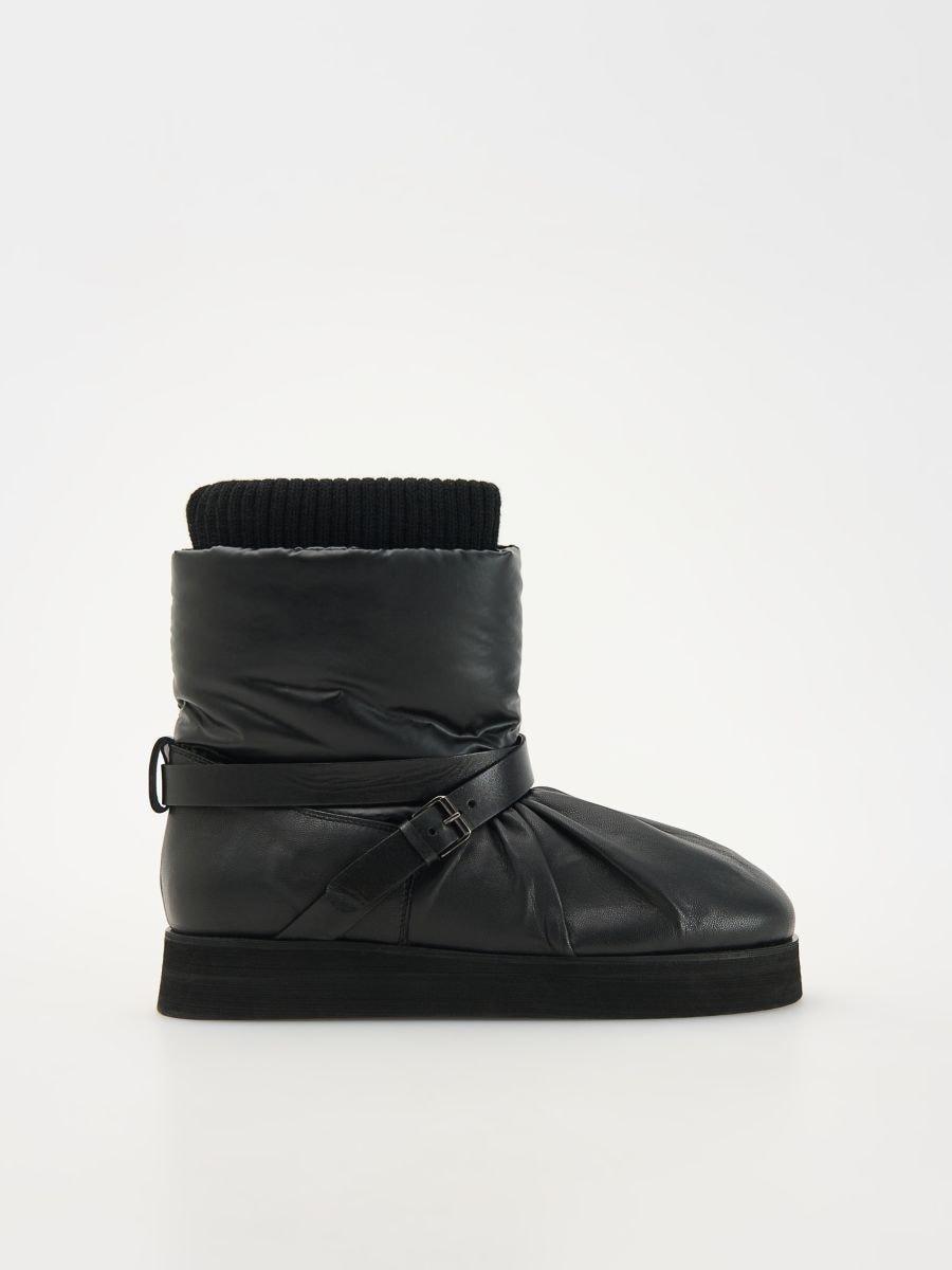 Black Leather Snow Boots, Black, large image number 1
