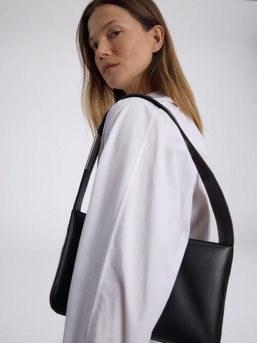 Black Leather Shoulder Bag, Black, large image number 1