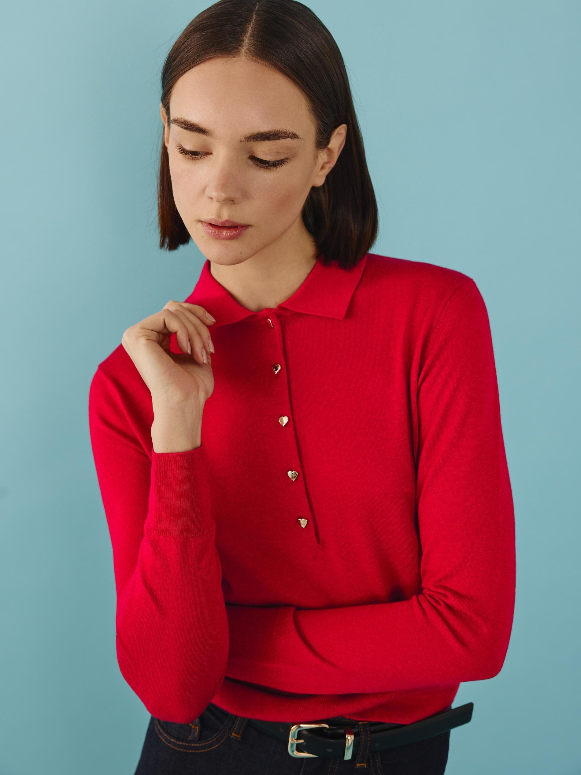 Red Polo Collar Sweater With Buttons, , large image number 0