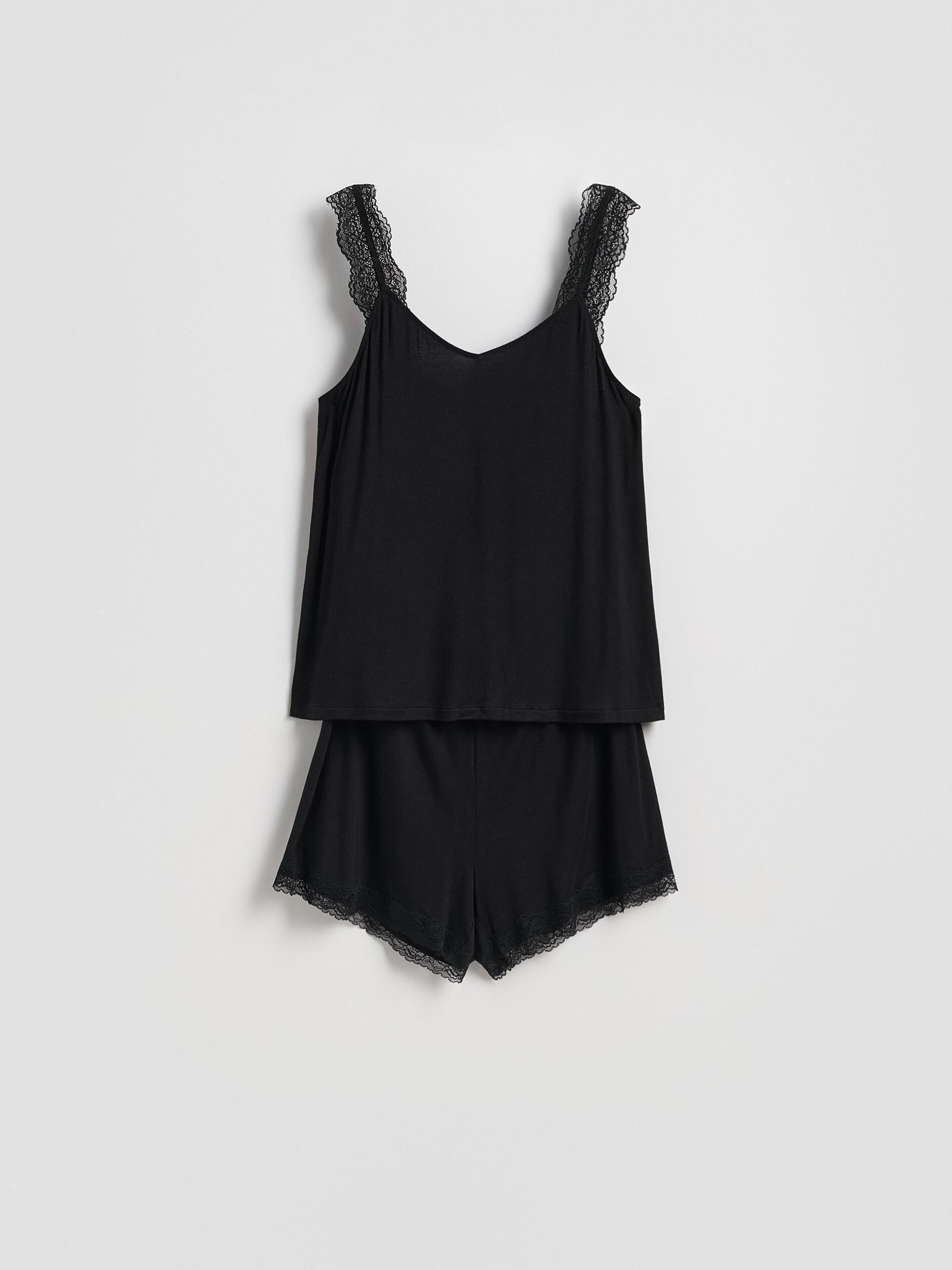 Black Two Piece Viscose Pyjama Set, Black, medium