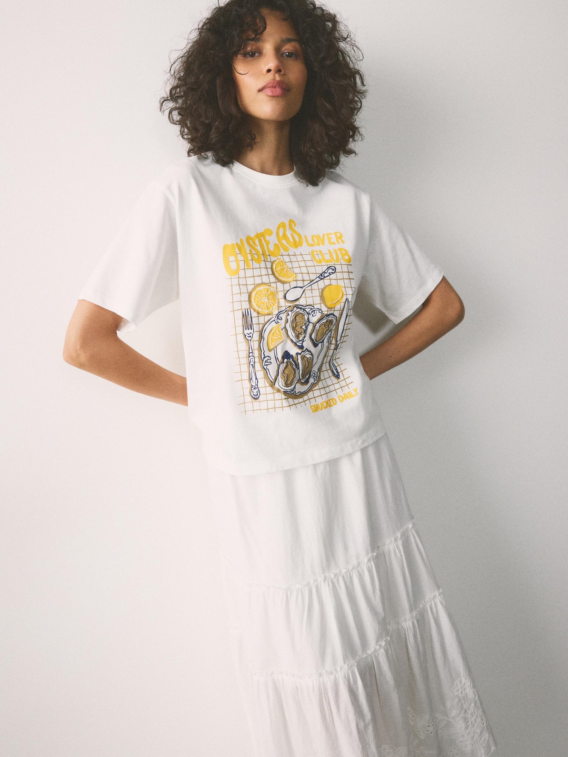 Cream Cotton T-Shirt With Print, Ivory, large image number 1
