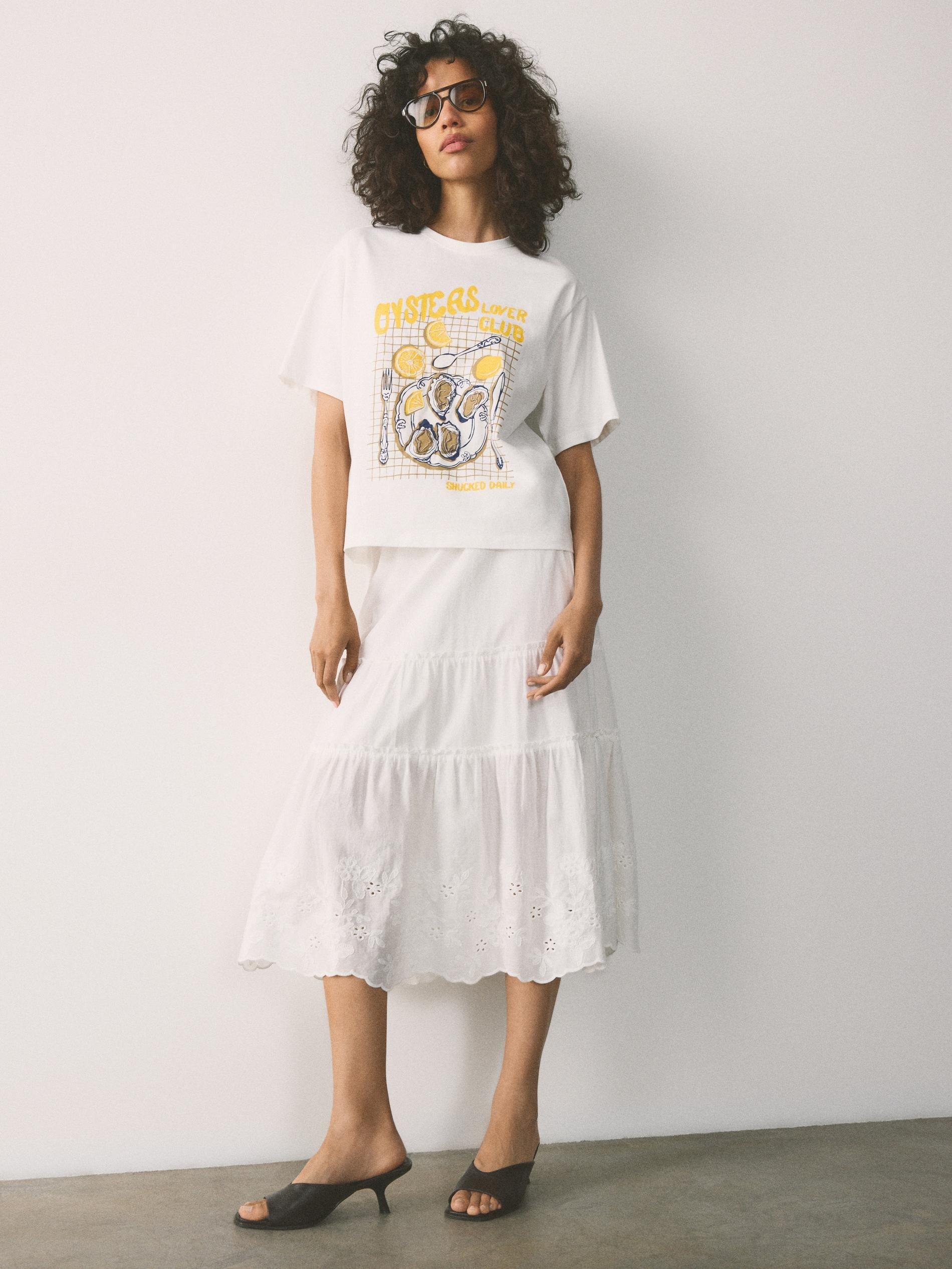 Cream Cotton T-Shirt With Print, Ivory, large image number 2