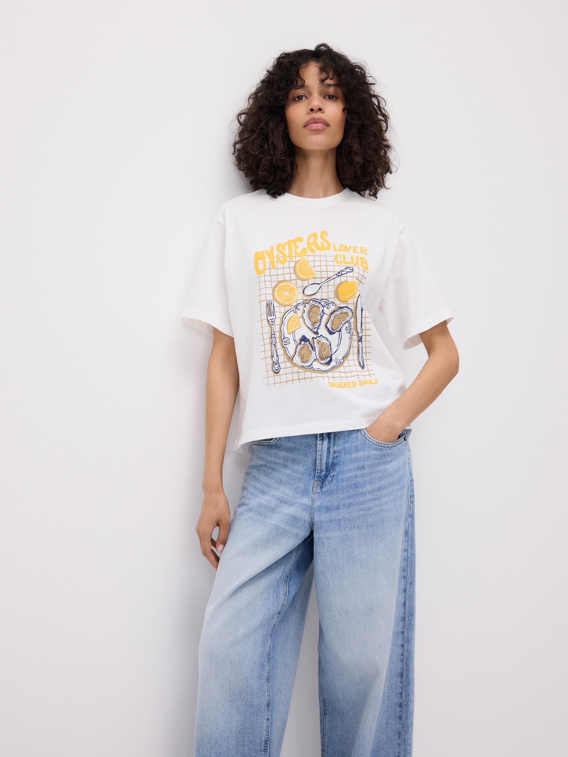 Cream Cotton T-Shirt With Print, Ivory, large image number 5