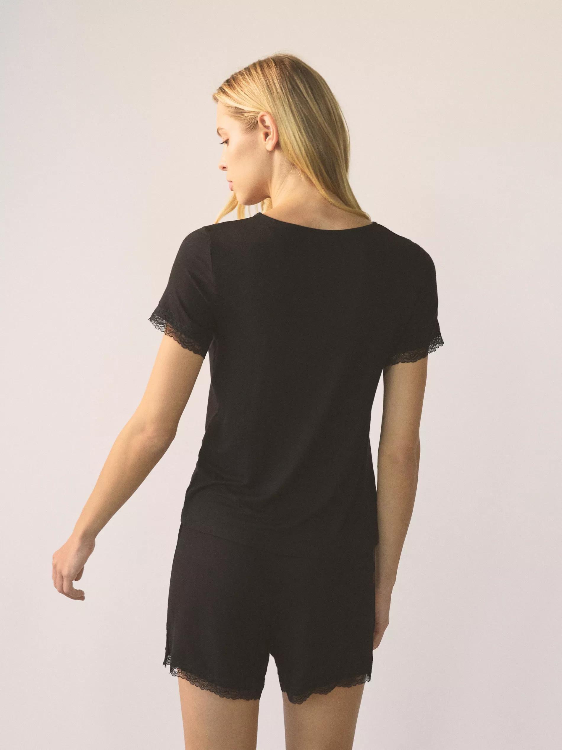 Black Two Piece Pyjama Set With Lace Details, Black, large image number 1