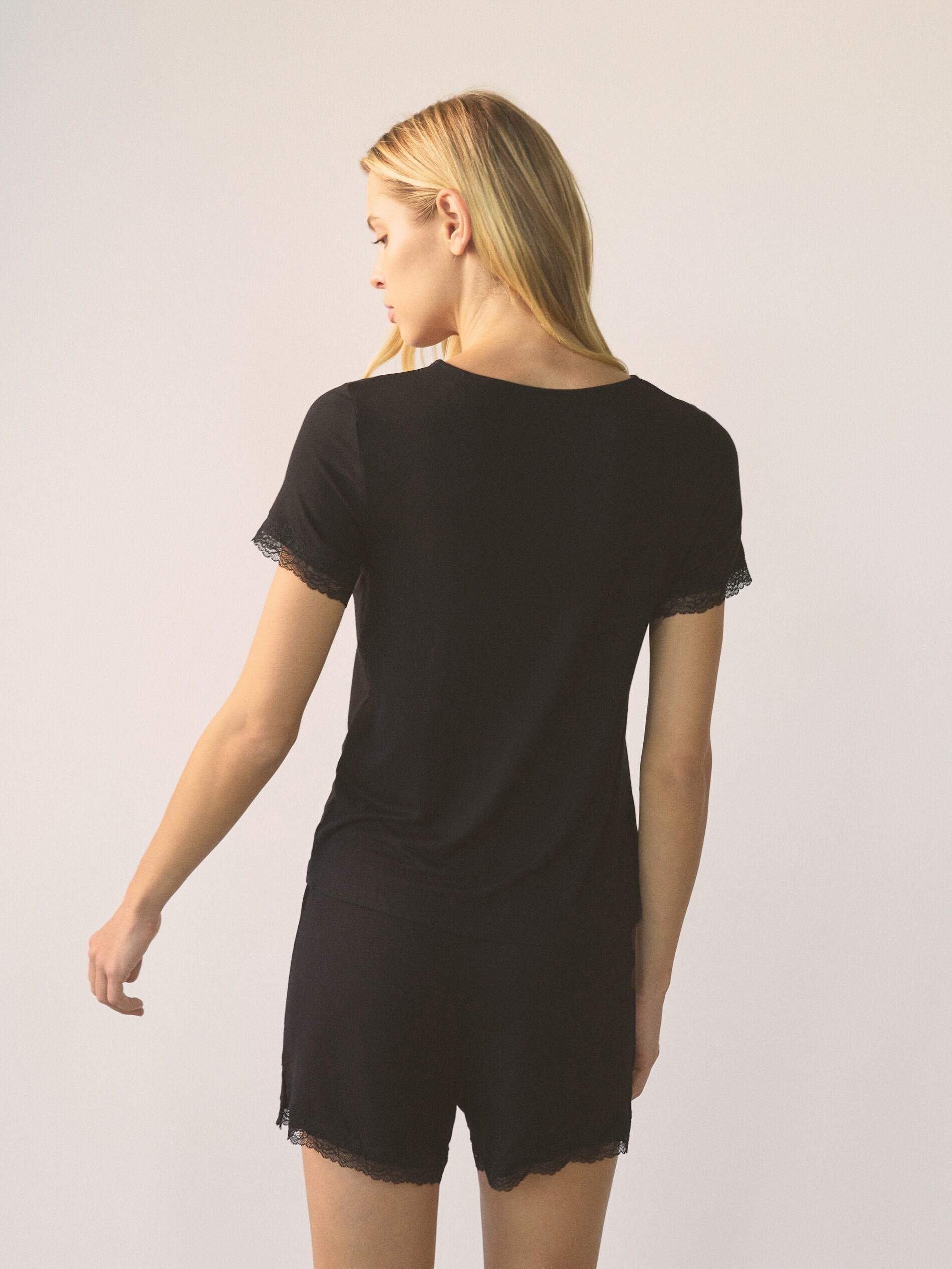 Black Two Piece Pyjama Set With Lace Details, Black, medium