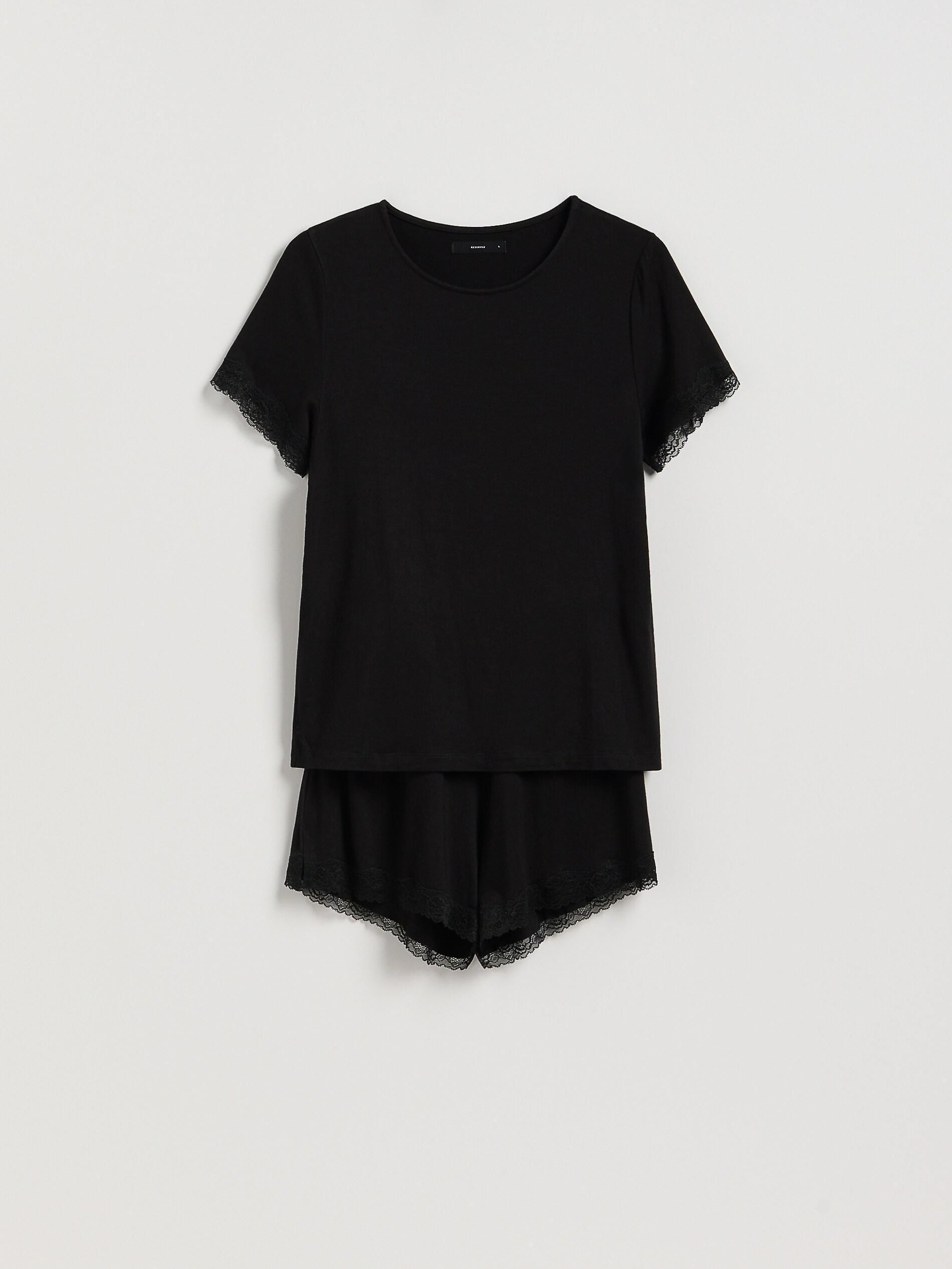 Black Two Piece Pyjama Set With Lace Details, Black, large image number 3