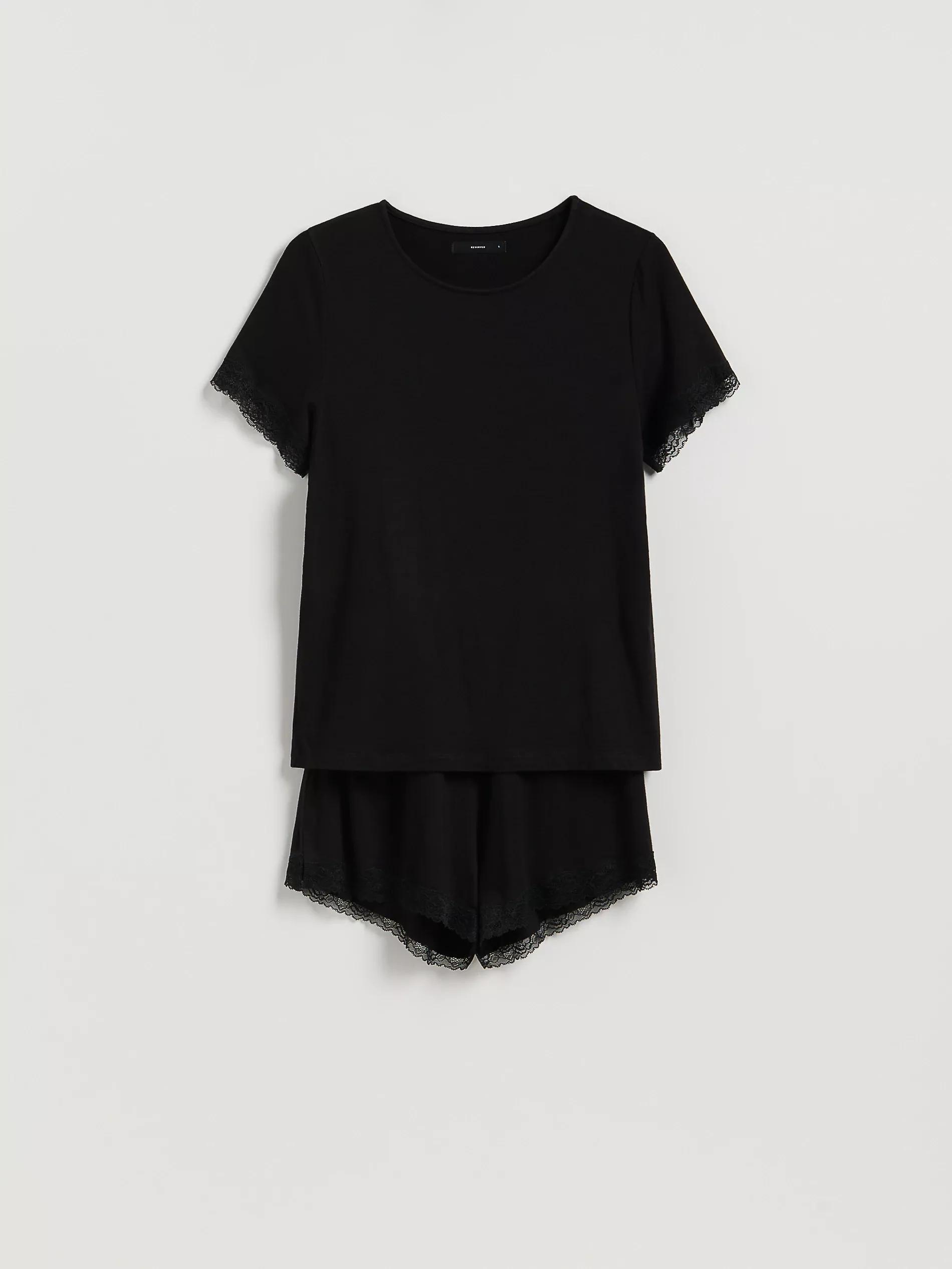 Black Two Piece Pyjama Set With Lace Details, Black, large image number 3