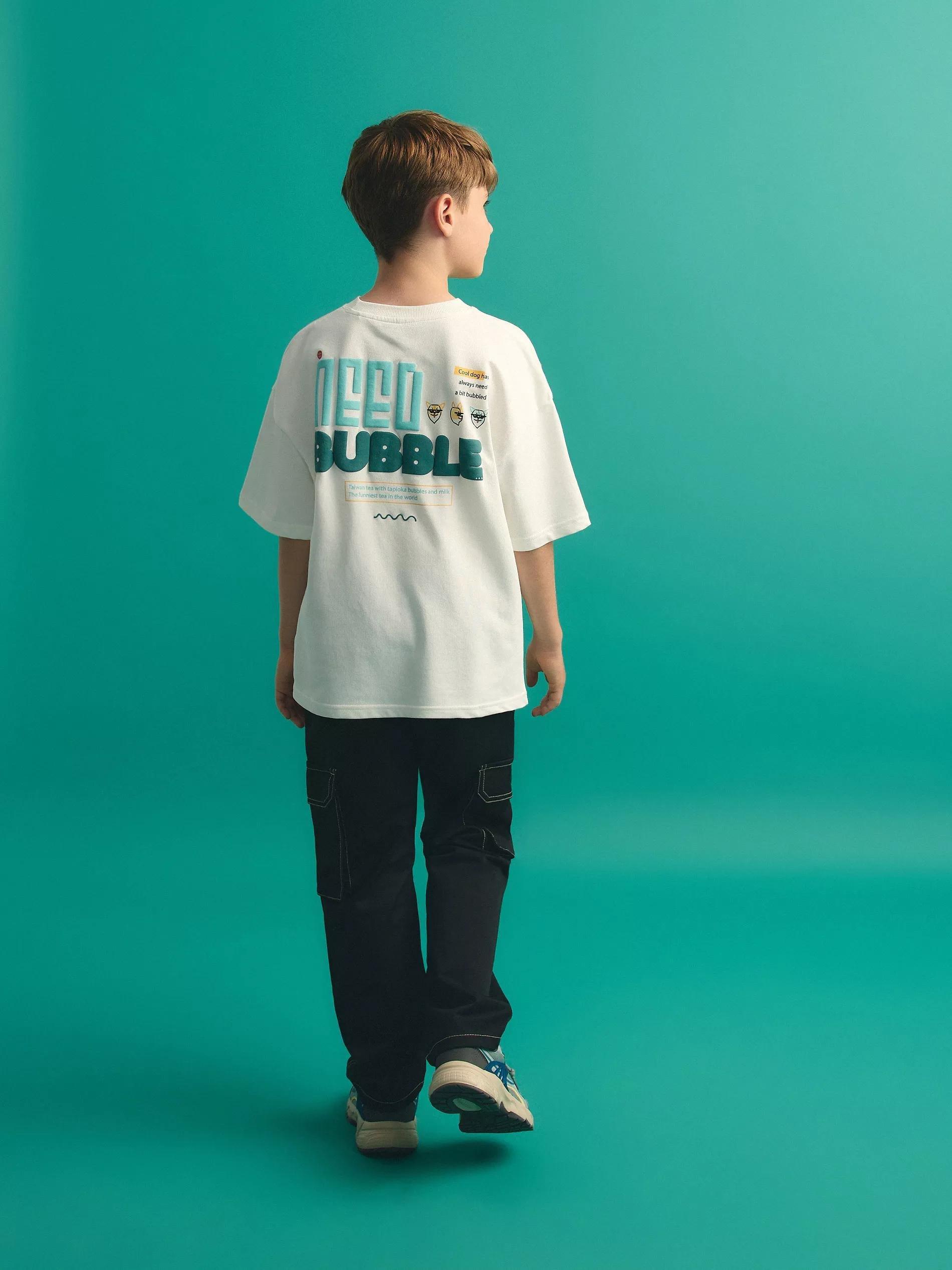 Cream Cotton T-Shirt With Print, Ivory, large image number 5